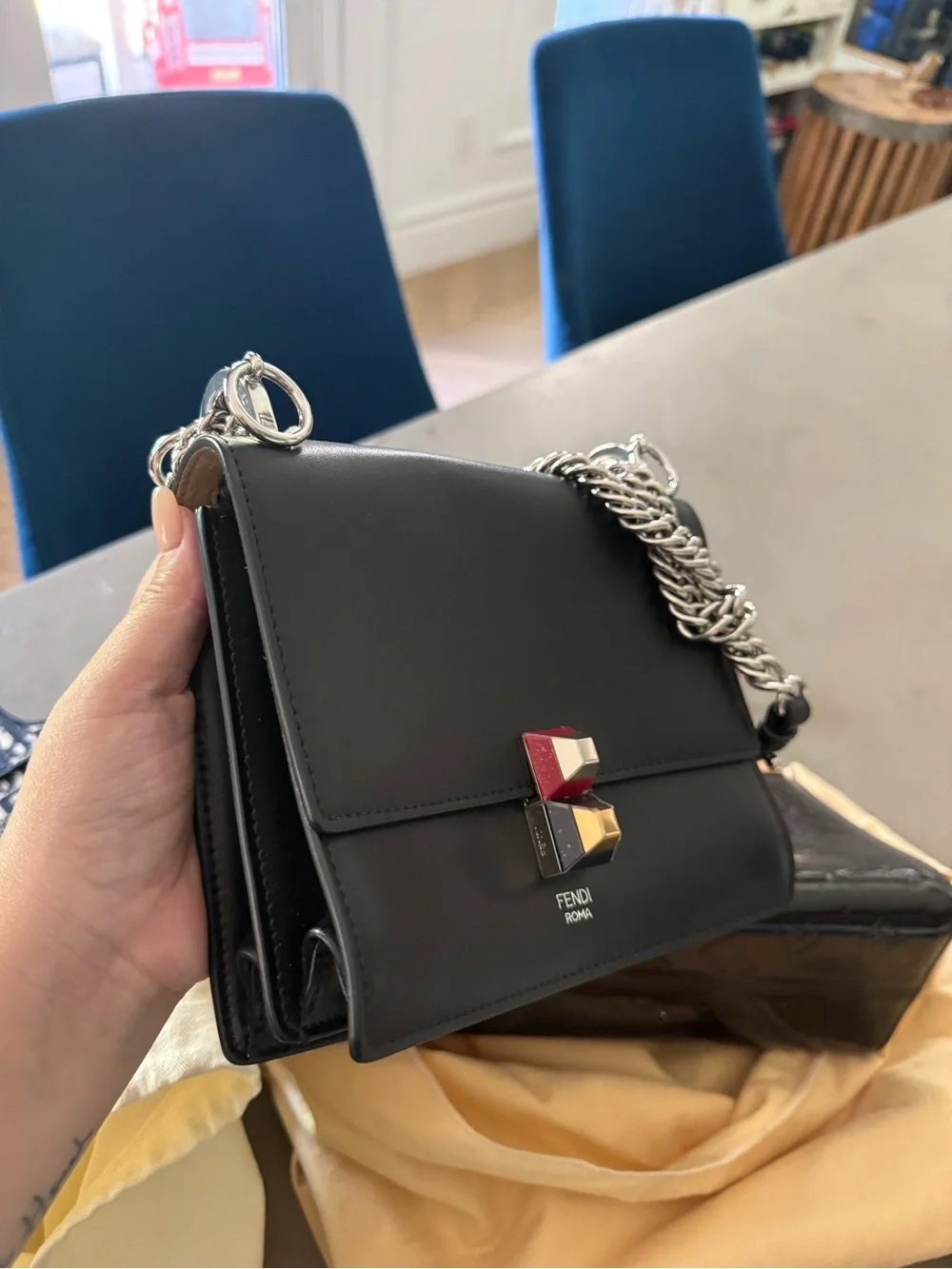 Fendi Black Leather Shoulder Bag with Multicolor Push-Lock—Authentic